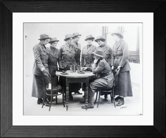 Framed Print : Women In Suits, Hats Around Table / Telegr Framed Print : Women In Suits, Hats Around Table / Telegr