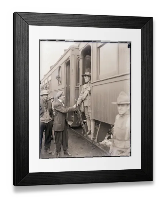 Framed Print : Miner Greets 5Th Cavalryman on Train Framed Print : Miner Greets 5Th Cavalryman on Train