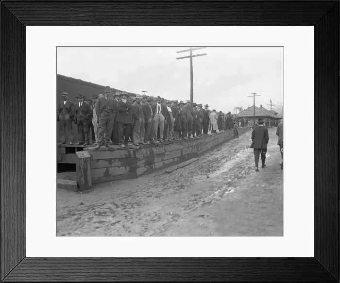 Framed Print : Coal Miners Standing on Platform Framed Print : Coal Miners Standing on Platform