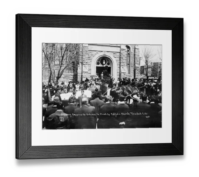 Framed Print : Coffins Pass in Front of Catholic Church Framed Print : Coffins Pass in Front of Catholic Church