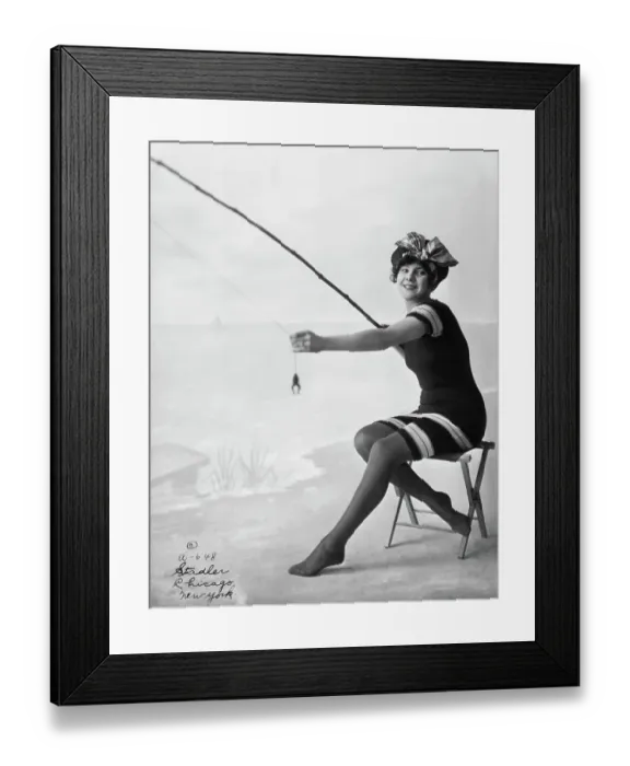 Framed Print : Woman on Beach with Frog on Fishing Pole Framed Print : Woman on Beach with Frog on Fishing Pole
