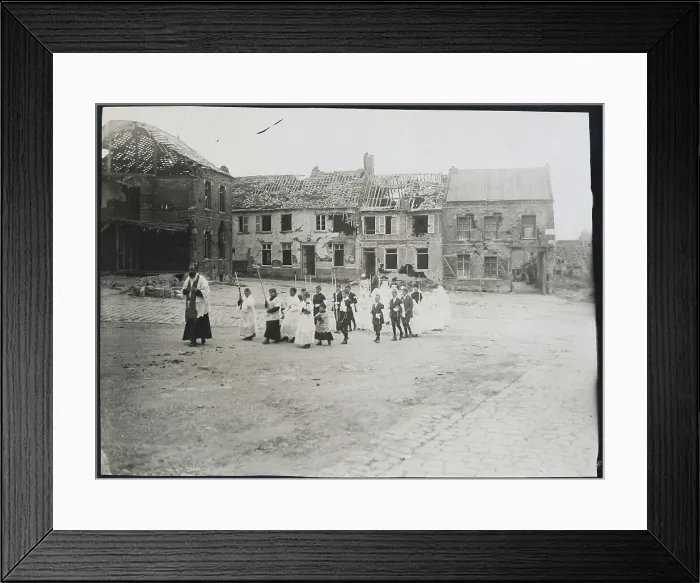 Framed Print : Priest Leading Youngsters in Communion near War Torn Buildings Framed Print : Priest Leading Youngsters in Communion near War Torn Buildings