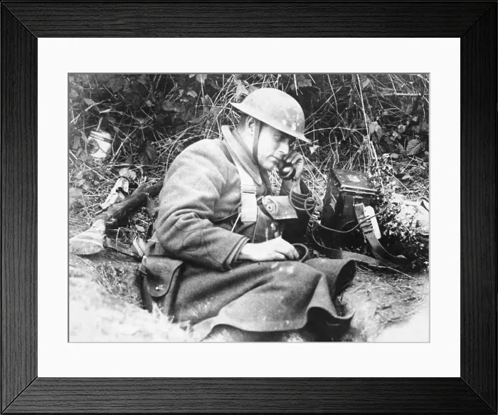 Framed Print : Soldier in Foxhole Holding Radiotelephone Receiver Framed Print : Soldier in Foxhole Holding Radiotelephone Receiver