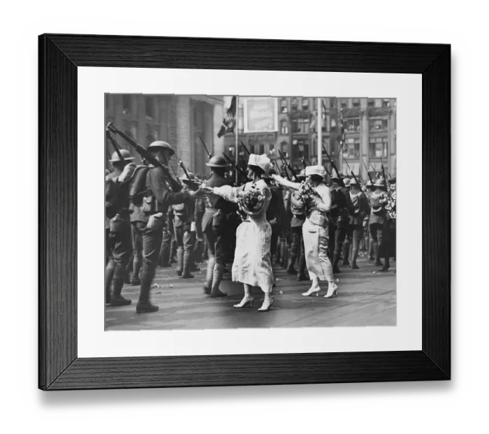 Framed Print : Woman Giving Flowers to Soldiers
