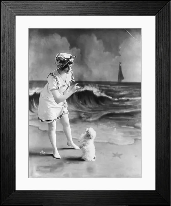 Framed Print : Woman In Bathing Suit And Dog Framed Print : Woman In Bathing Suit And Dog