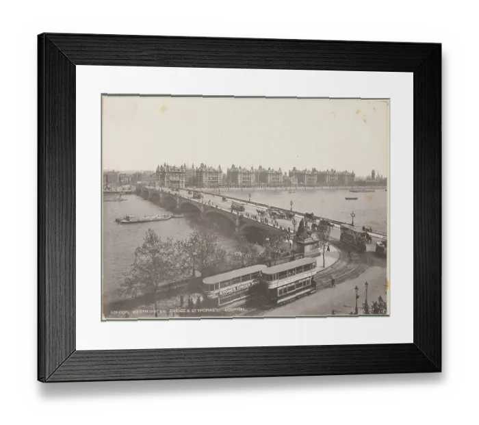 Framed Print : Pedestrians Alongside Wagons with Buses and Railway Crossing River Framed Print : Pedestrians Alongside Wagons with Buses and Railway Crossing River