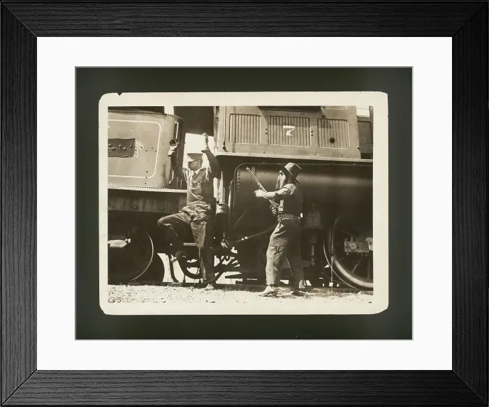 Framed Print : Old Movie Still of Train Robbery Framed Print : Old Movie Still of Train Robbery