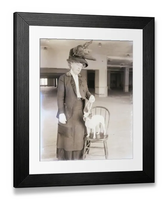 Framed Print : Society Woman with Small Pet Dog on Chair Framed Print : Society Woman with Small Pet Dog on Chair