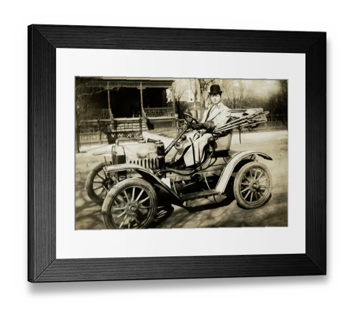 Framed Print : Man Driving One-Cylinder Brush Automobile Framed Print : Man Driving One-Cylinder Brush Automobile