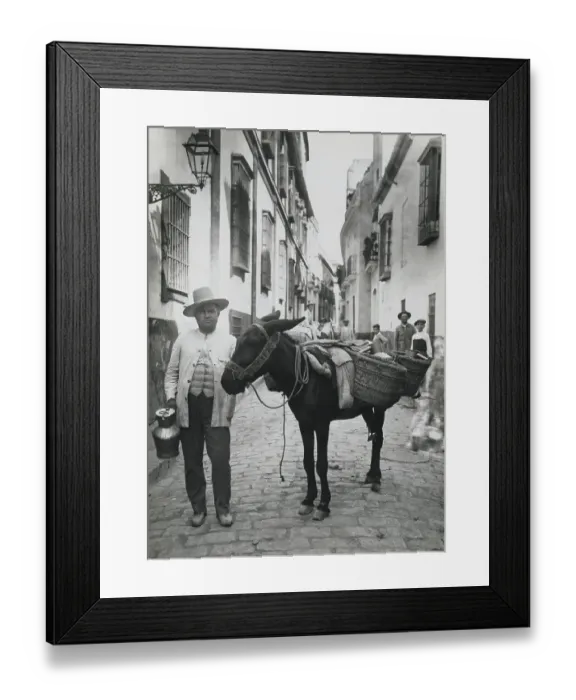 Framed Print : Spanish Milk Man Posing with His Donkey in the Street Framed Print : Spanish Milk Man Posing with His Donkey in the Street