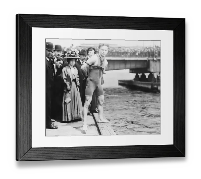 Framed Print : Harry Houdini Chained, To Leap In River Framed Print : Harry Houdini Chained, To Leap In River