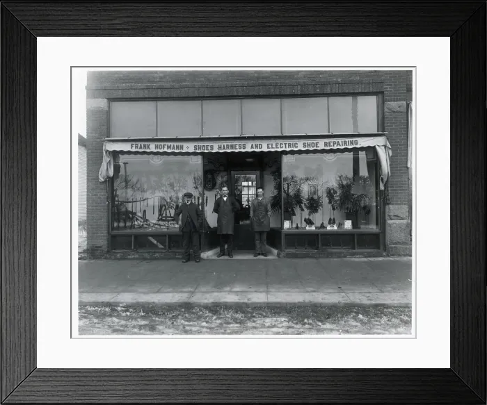 Framed Print : Shoe Repair Shop Exterior and Workers Framed Print : Shoe Repair Shop Exterior and Workers