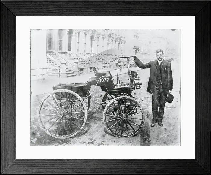 Framed Print : Man Posing with Selden Automobile Framed Print : Man Posing with Selden Automobile