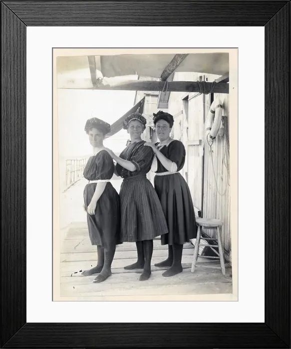 Framed Print : Three Women Posing Outside Beach House Framed Print : Three Women Posing Outside Beach House