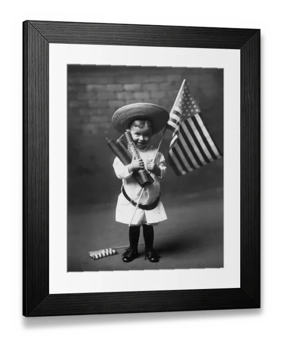 Framed Print : Little Boy with Fireworks and American Flag Framed Print : Little Boy with Fireworks and American Flag