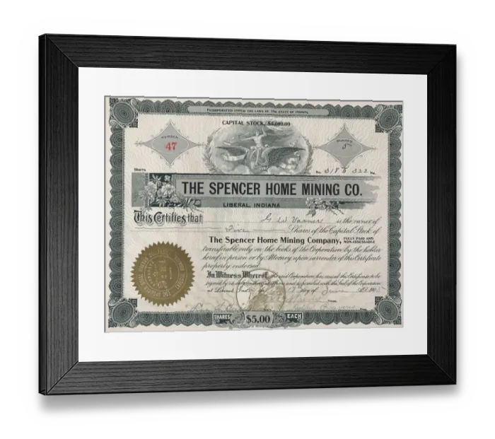 Framed Print : Certificate Authenticating Five Shares in Spencer Mining Company Framed Print : Certificate Authenticating Five Shares in Spencer Mining Company