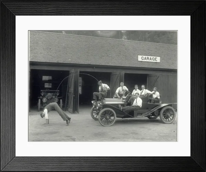 Framed Print : Men Clowning Around with a Car and Fishing Rod Framed Print : Men Clowning Around with a Car and Fishing Rod