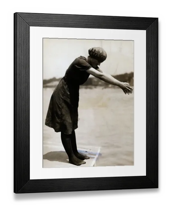 Framed Print : Young Woman About to Plunge into Water Framed Print : Young Woman About to Plunge into Water