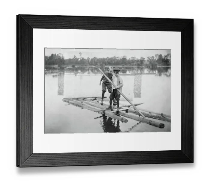 Framed Print : Two Boys on Their Homemade Log Raft Framed Print : Two Boys on Their Homemade Log Raft