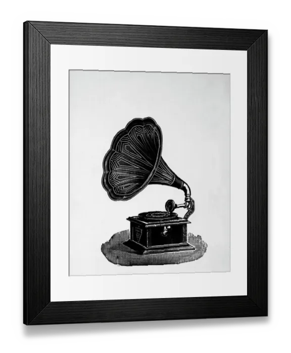 Framed Print : Woodcut Gramophone W / Long Soundhorn Framed Print : Woodcut Gramophone W / Long Soundhorn