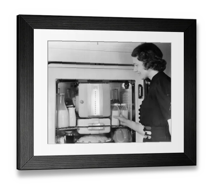 Framed Print : Woman Placing Milk In Old Refrigerator Framed Print : Woman Placing Milk In Old Refrigerator