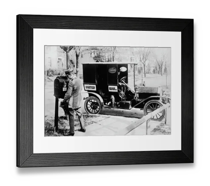 Framed Print : Mailmen with Early Mail Truck Framed Print : Mailmen with Early Mail Truck