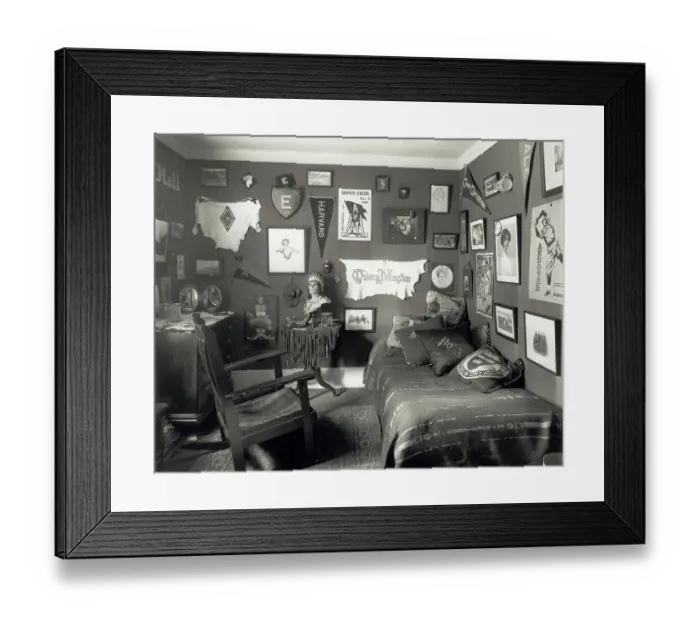 Framed Print : Dorm Room. (Original Caption). Den of a college boy of the early 1900's Framed Print : Dorm Room. (Original Caption). Den of a college boy of the early 1900's