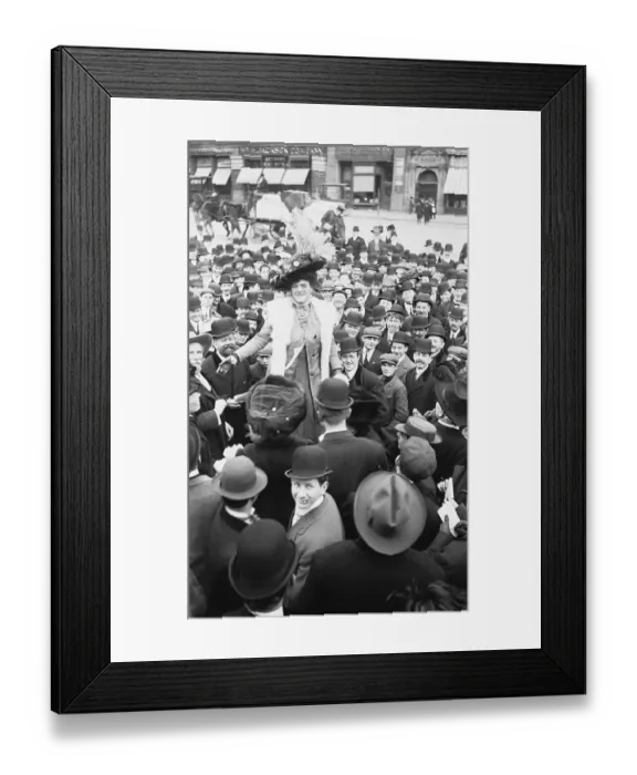 Framed Print : Suffragette Speaking to Crowd of Men Framed Print : Suffragette Speaking to Crowd of Men