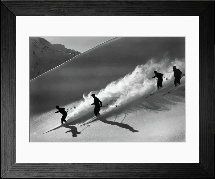 Framed Print : Silhouetted Skiers Desending Slope Framed Print : Silhouetted Skiers Desending Slope