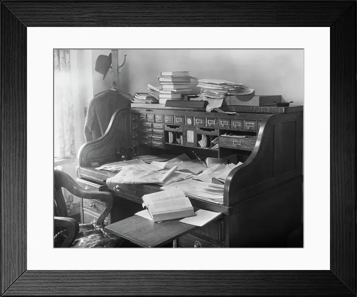 Framed Print : Rolltop Desk Littered with Books and Papers Framed Print : Rolltop Desk Littered with Books and Papers