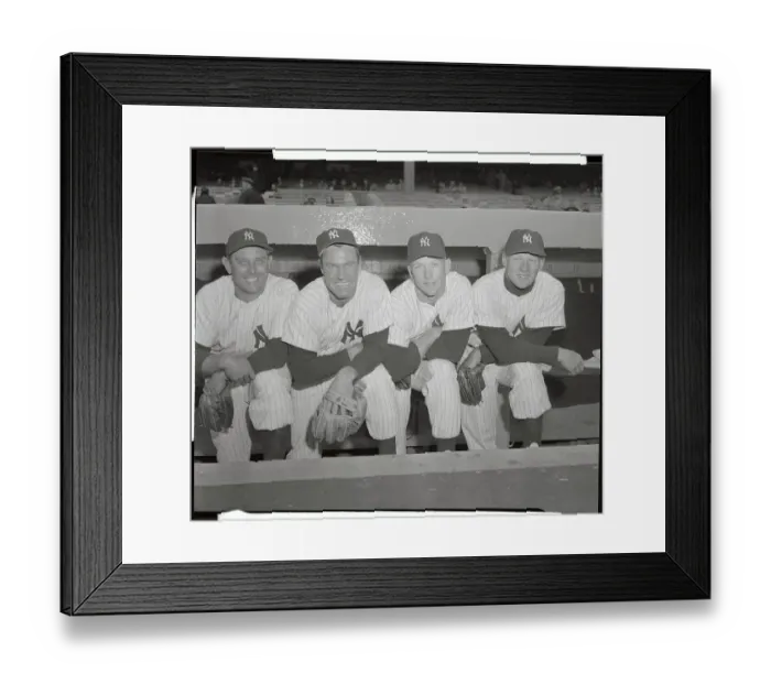 Framed Print : Portrait of Four Yankee Players Kneeling for Camera Framed Print : Portrait of Four Yankee Players Kneeling for Camera