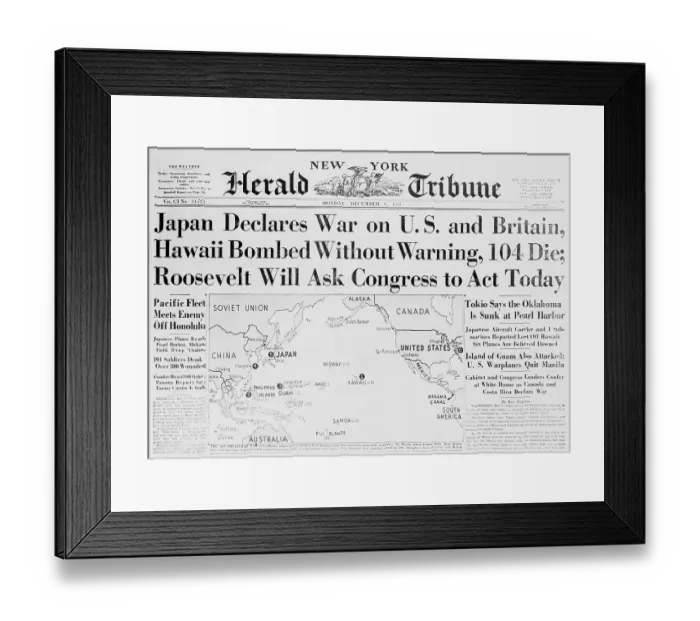 Framed Print : New York Herald Tribune Headlines Japan Declaring War Framed Print : New York Herald Tribune Headlines Japan Declaring War