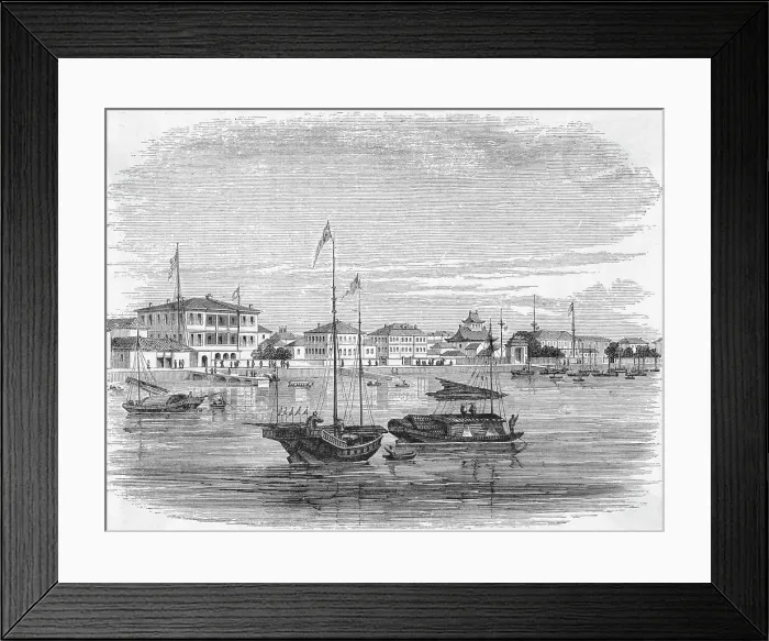 Framed Print : Engraving Of Boats On Water In Shanghai Framed Print : Engraving Of Boats On Water In Shanghai