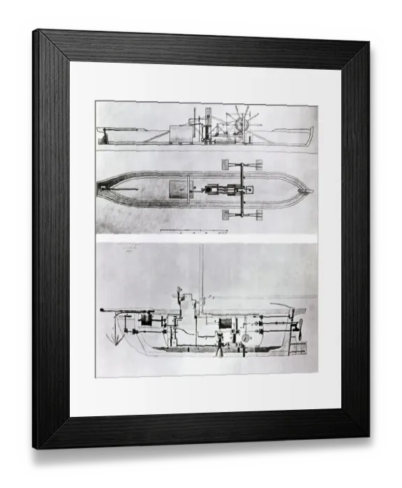 Framed Print : Steamboat and Submarine Plans by Robert Fulton