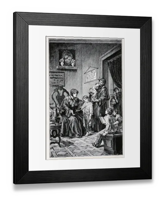 Framed Print : Woodcut Of Nuns Receiving Parentless Boy Framed Print : Woodcut Of Nuns Receiving Parentless Boy