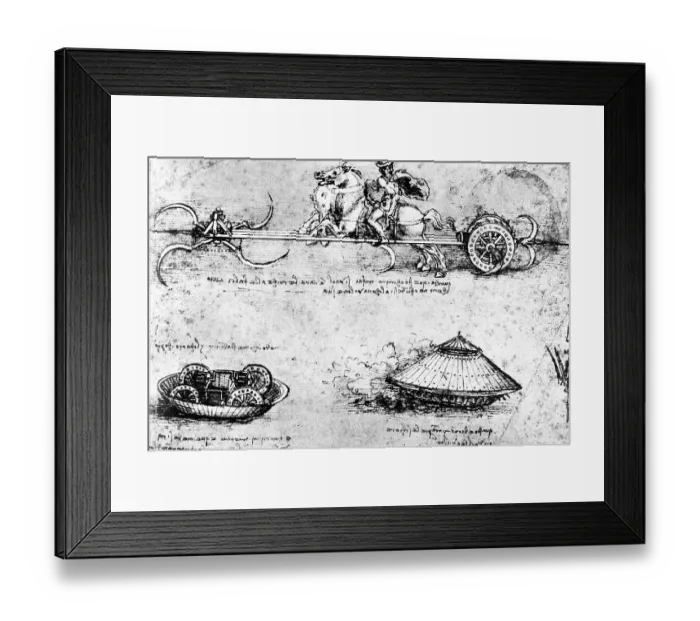 Framed Print : Drawing of a Storming Wagon and a Tank-Like Vehicle by Leonardo da Vinci