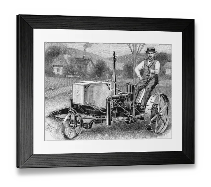 Framed Print : Engraving of Man Riding Early Lawnmower by E. Poyet Framed Print : Engraving of Man Riding Early Lawnmower by E. Poyet