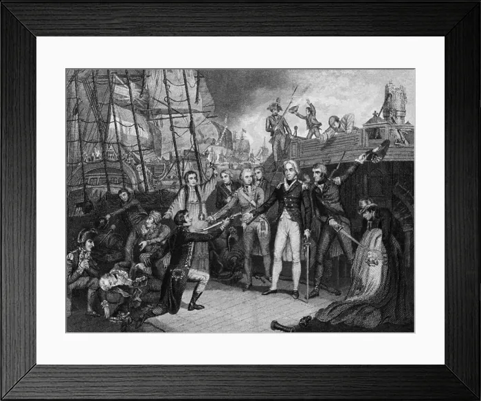 Framed Print : Engraving After Nelson Receiving the Surrender of the San Josef at the Battle of Cape St Vincent by Daniel Orme Framed Print : Engraving After Nelson Receiving the Surrender of the San Josef at the Battle of Cape St Vincent by Daniel Orme
