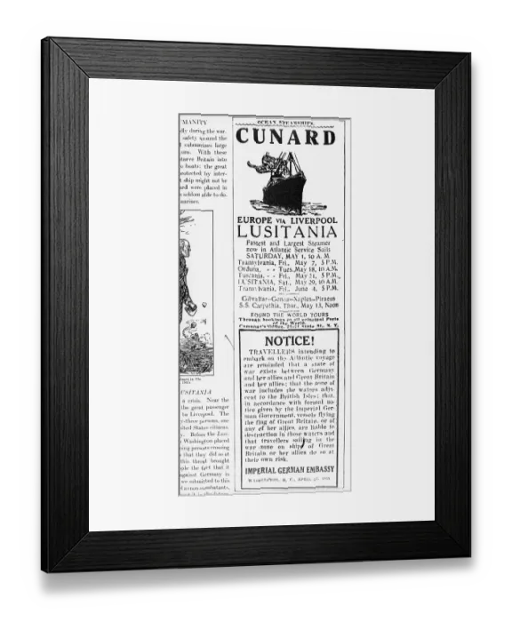 Framed Print : Newspaper Ad Warning Travellers on the Lusitania Framed Print : Newspaper Ad Warning Travellers on the Lusitania