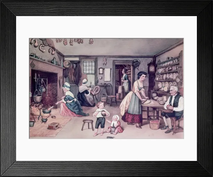 Framed Print : Color Engraving of the Interior of a Colonial Kitchen Framed Print : Color Engraving of the Interior of a Colonial Kitchen