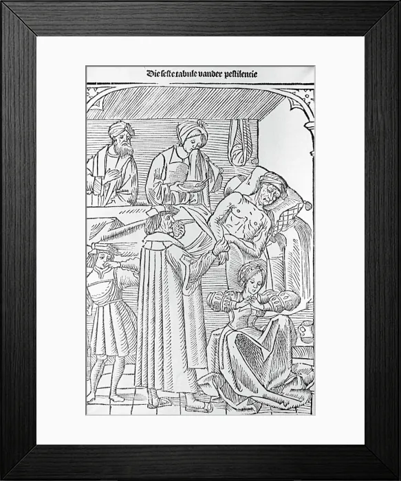 Framed Print : Woodcut of Plague Patient Surrounded By Doctors