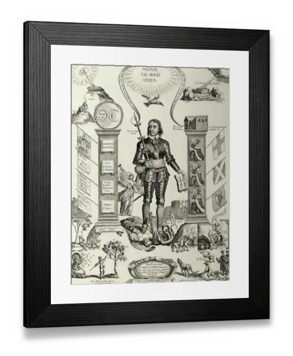 Framed Print : Engraving Of Oliver Cromwell / Flags / Etc Framed Print : Engraving Of Oliver Cromwell / Flags / Etc