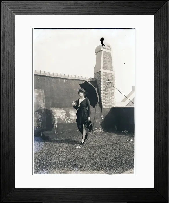 Framed Print : Woman Walking W / Parasol / Leg Exposed Framed Print : Woman Walking W / Parasol / Leg Exposed