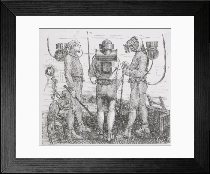 Framed Print : Woodcut of French Diving Apparatus Framed Print : Woodcut of French Diving Apparatus