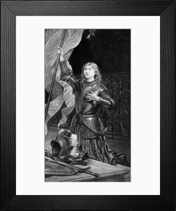 Framed Print : Print of Joan of Arc Kneeling with Flag Framed Print : Print of Joan of Arc Kneeling with Flag