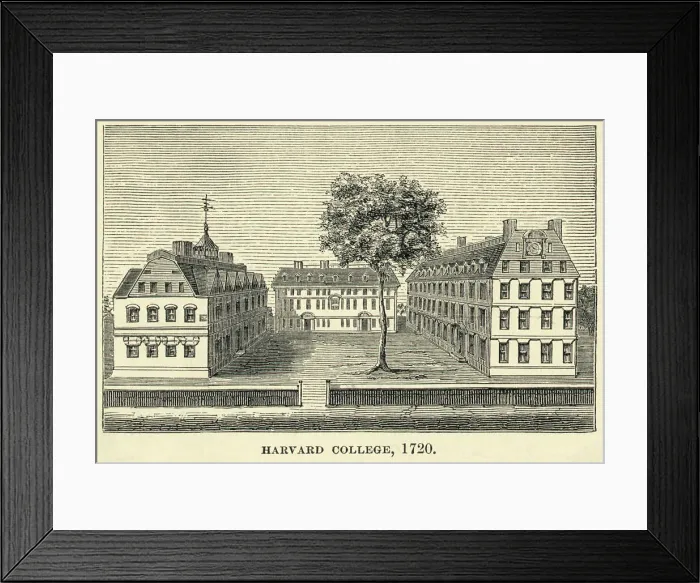 Framed Print : Engraving of Harvard College in 1720 Framed Print : Engraving of Harvard College in 1720