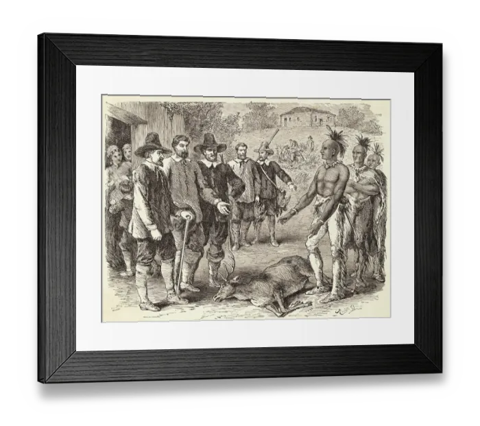 Framed Print : Native Americans Offering Stag to Colonists Framed Print : Native Americans Offering Stag to Colonists