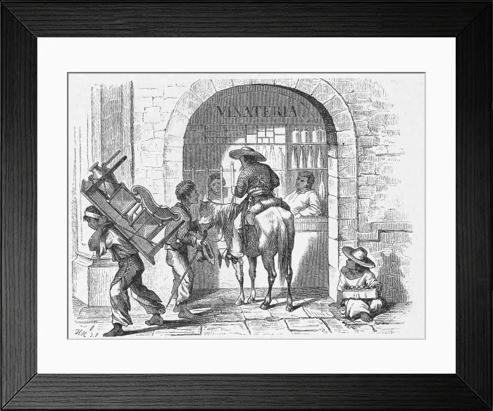 Framed Print : Man on Horse Alongside Beggar Vendor and Pedestrian Framed Print : Man on Horse Alongside Beggar Vendor and Pedestrian