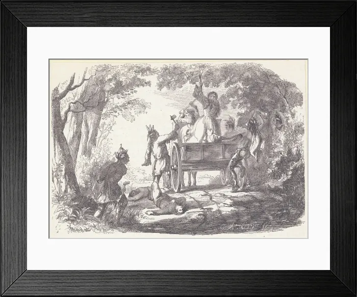 Framed Print : Native Americans Attacking Wagon with Settlers Framed Print : Native Americans Attacking Wagon with Settlers