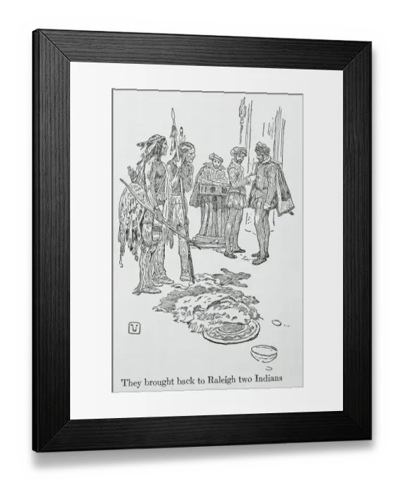 Framed Print : Drawing of Sir Walter Raleigh and Aids with Natives Framed Print : Drawing of Sir Walter Raleigh and Aids with Natives